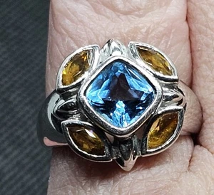 Cushion Blue Topaz & Marquis Citrine 925 BK Size 10.5 Ring Vintage - Picture 1 of 7