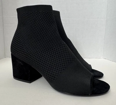 Eileen Fisher 10 Purl Reciclado Malha Elástica Tornozelo Botinha Preta Pull On Peep Toe - Imagem 1 de 4