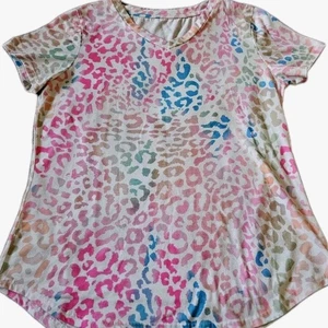 Y2K Pastel Rainbow Leopard Print V Neck Tee L Soft Girl Kawaii Fairycore Top - Picture 1 of 6