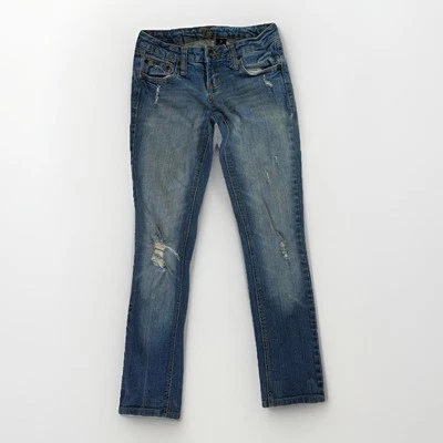 Pantalones de mezclilla Y2K Zco desgastados ajustados tiro bajo talla Jr 3 azul bordado grunge Foto 1 de 4