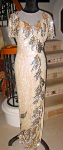 Vintage 1980 cream sequins/beads jagged sleeves/hem mesh neckline evening gown 4 - Picture 1 of 19