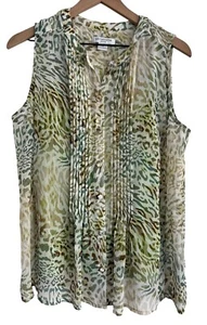 Liz Claiborne Petite XL Blouse + Cami Green Animal Print Crepe Chiffon Pintuck - Picture 1 of 6