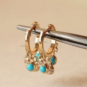 Diamond Pave Turquoise Drop Hoops Earrings Solid 14k Yellow Gold Fine Jewelry - Picture 1 of 9