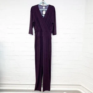 Kim & Co Jumpsuit Purple Blue Leopard Print 3/4 Sleeve V-neck Stretchy Size XL - Picture 1 of 11