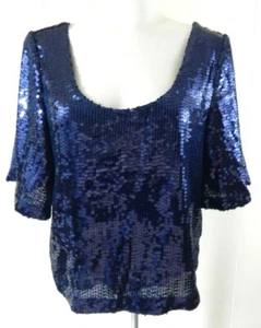 Free People Women's XS Top Night Fever Blue Sequin Crop Scoop Back EUC Free Ship - Picture 1 of 4