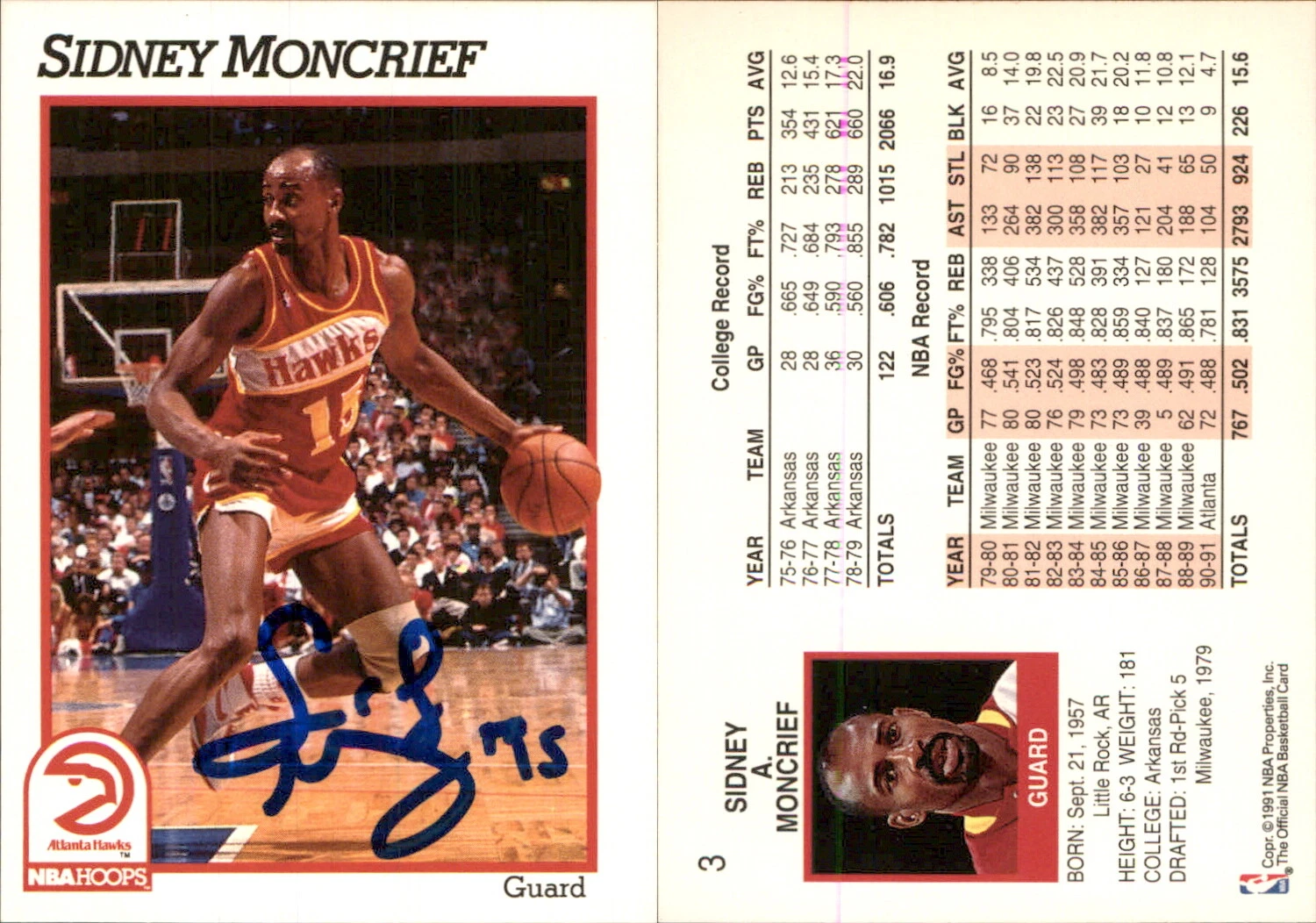 Sidney Moncrief Signed 1991-92 Hoops #3 Card Atlanta Hawks Auto AU