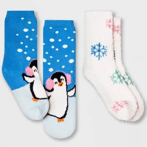 Kids' XS/S 2pk Penguin & Snowflakes Cozy Crew Socks Wondershop Blue Xmas Holiday - Picture 1 of 4