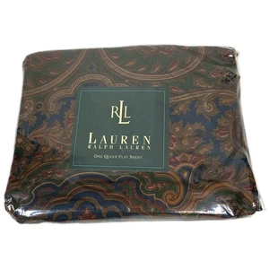 Ralph Lauren Queen Flat Sheet Brianna Paisley Blue Green 100% Cotton Vtg New NOS - Picture 1 of 14