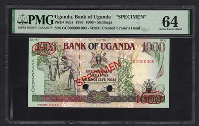 Uganda 1000 Shillings 1996 P36bs "Specimen N.003"  Uncirculated Grade 64 Top Pop - Image 1 of 2