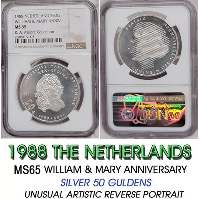 1988 NETHERLANDS SILVER 50 GULDEN NGC MS65 william & mary anniversary - Image 1 of 4