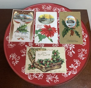 Antique Lot of 4 Used Vintage Christmas Holly Berry Embossed Postcard Postcards - Picture 1 of 6