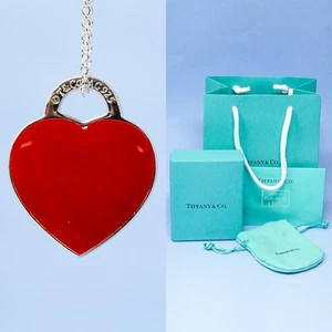 Tiffany & Co. Necklace Silver Tone Red Heart Tag Pendant & Gift Box Set - 47cm - Picture 1 of 11