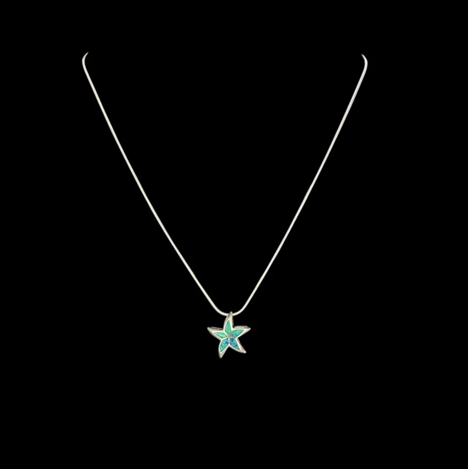 Platinum Over 925 Silver Blue Fire Opal Inlay Starfish Necklace - 18 In. - Image 1 of 4