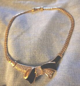 Vintage Swarovski Swan Gold Tone Black Enamel Crystal Bow Statement Necklace