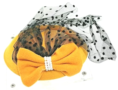 Fascinator Pillbox Cocktail Hat Mustard Velour Felt Blacknet Clip Headband Bow - Image 1 of 4