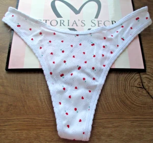 VICTORIA'S SECRET PINK 100% Cotton High Leg Thong Panty White Red Cherry Hearts - Picture 1 of 5