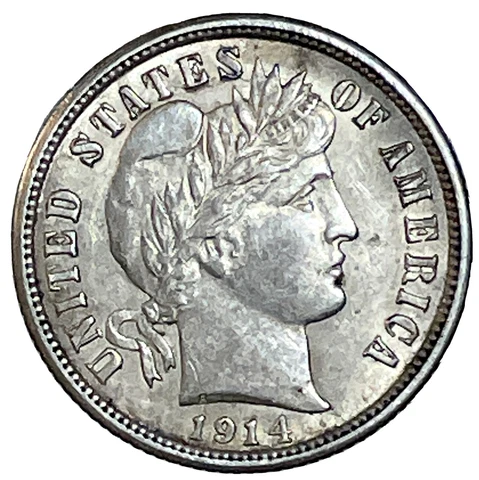 1914 Barber Dime, Choice Uncirculated Original, Uncommon Fully Struck, Toned Cover