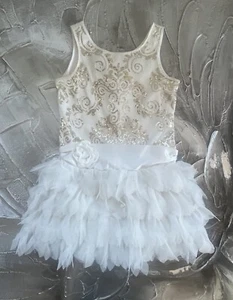 Girls White Dress~Gold Sequin Top w/ Layered Tulle Skirt & Satin Bow Belt Size 6 - Picture 1 of 15
