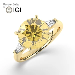 Round Solitaire 14K Yellow Gold Intense Yellow Trilogy Ring,3.50ct Labgrown IGI - Picture 1 of 17