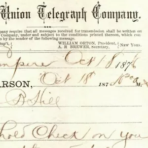 Seltener Vintage 1876 Western Union Telegraph "We Hold Scheck On You for $1,000.." - Bild 1 von 3