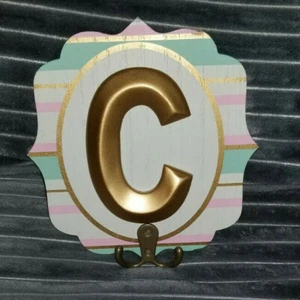 ENCHANTE ACCESSORIES LETTER C PINK GREEN-BLUE WHITE GOLD STRIPED HOOK PLAQUE - Picture 1 of 3