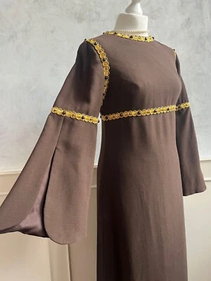 Vintage BERKERTEX MAYFAIR 1970's Brown Gold Jewel Boho Medieval Maxi Dress 10 - Image 1 of 4