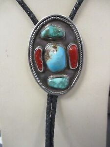 Turquoise Coral Bolo Tie Navajo Vintage Native American Sterling Silver