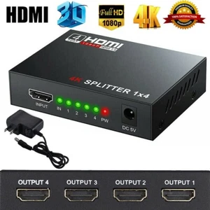 HD 4K 4 Port HDMI Splitter 1x4 Repeater Amplifier 1080P 3D Hub 1 In 4 Out - Picture 1 of 12