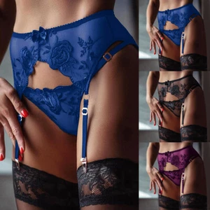 Womens Knickers Briefs Suspender Garter Belted Underwear Sexy Mesh Lace Panties - Picture 1 of 13