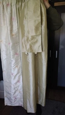 ACCORD Interlined Curtains Pair Set  Satin Golden Green Blackout size 135x165cm  - Image 1 of 4