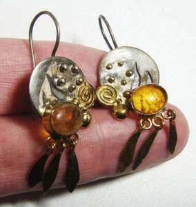 Collector's Vintage Silver Gold Gemstone Amber Shield Two Tone Earrings - Picture 1 of 3