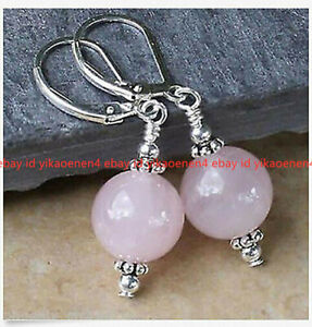 10mm Light Pink Quartz Round Gemstone Beads Silver Leverback Dangle Earrings