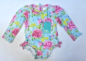 Posh Peanut Sadie Ruffle Light Blue Floral Long Sleeve Swimsuit Bodysuit Girl 2T - Picture 1 of 5