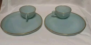 Fire King OvenWare Turquoise Blue Tea Cup Snack Plate Gold Rim Vintage Delphite - Picture 1 of 4