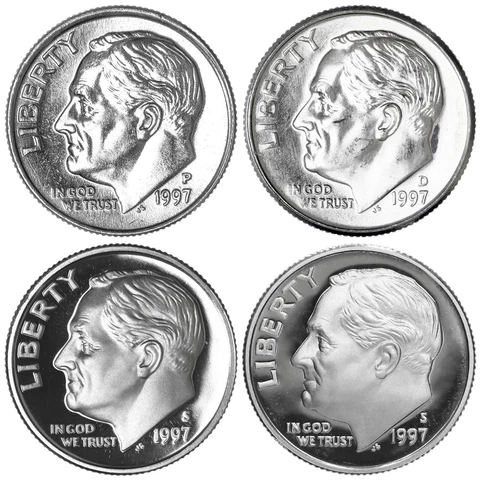 1997 P D S S Roosevelt Dime Year Set Silver & Clad Proof & BU US 4 Coin Lot Cover