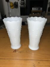 Pair Vintage Anchor Hocking Milk Glass Vases Dots And Arrows Teardrop Pattern!
