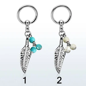 8mm 316L steel ball closure ring14g 1.6mm with dangling feather&3 turquoise ball - Picture 1 of 6