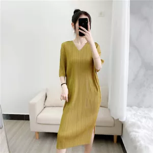 2024SS Folded V-neck Dress with Folded Sleeves Medium Length Pleated Skirt - Picture 1 of 19