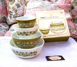 VINTAGE PYREX SPRING BLOSSOM GREEN BOWL SET NIB - Picture 1 of 7