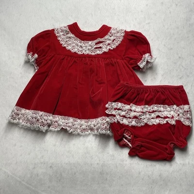 VTG Baby Girl Dress Bloomers Set 12M Red Lace Collar Party Valentines Christmas - Image 1 of 4
