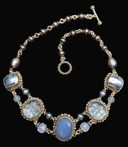 Stephen Dweck Signed Sterling Carved Flower Stone Blue Shell Pearl Necklace 18"  - Picture 1 of 17