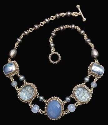 Stephen Dweck Signed Sterling Carved Flower Stone Blue Shell Pearl Necklace 18"  - Image 1 of 4