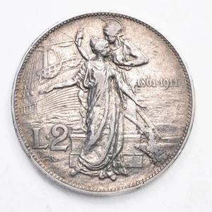 REGNO D'ITALIA 2 Lire 1911 Cinquantenario Argento - Picture 1 of 2