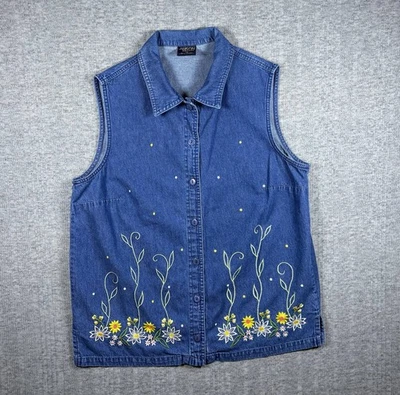 Vintage Denim Vest Embroidered Floral Allison Daley Women’s Size 14 Blue Y2K - Image 1 of 4