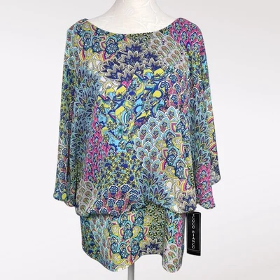 Coco Bianco Multicolor  Sheer Dolman Sleeve Blouse Lined Chiffon Top Large - Image 1 of 4