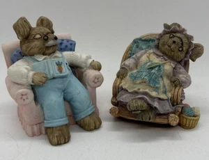 Mervyn's Resin Snoozing Grandpa, Napping  Grandma Rabbit Easter Figurines 1992 - Picture 1 of 8