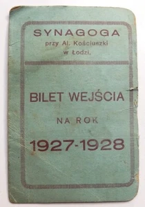 Boleto de asiento de Polonia de la SINAGOGA DE LODZ 1927 PRE HOLOCAUSTO JUDAICA QUEMADA POR LOS NAZIS - Imagen 1 de 2