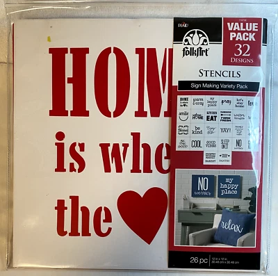 Folk Art/Plaid Stencil Kit Home is Where the ❤️ Is. 26 Pieces 32 Designs. NIP - Image 1 of 4