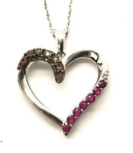 Sterling Silver 925 Round Pink Sapphire Smoky Quartz Heart Love Necklace 18''