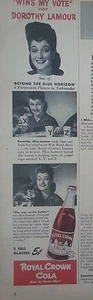 Royal Crown RC Cola Dorothy Lamour Beyond the Blue Horizon 1942 anuncio de estrella de cine - Imagen 1 de 1